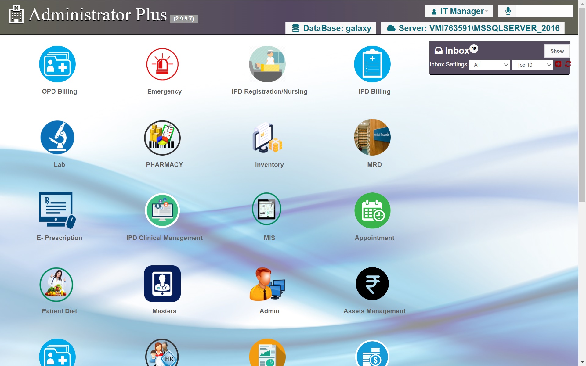 Administrator Plus hospital management software main menu showing OPD, IPD, pharmacy, laboratory and MIS modules